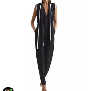 NWT REISS CELINA NECK TIE WIDE LEG BLACK JUMPSUIT - SIZE UK 14/US 10